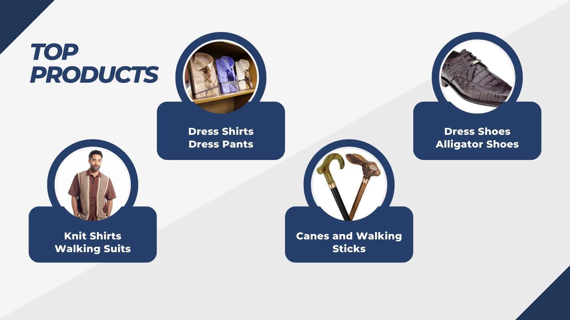 Top Products - Dress Shirts, Dress Pants, Canes Picture and Alligator Shoes Picture Banner
